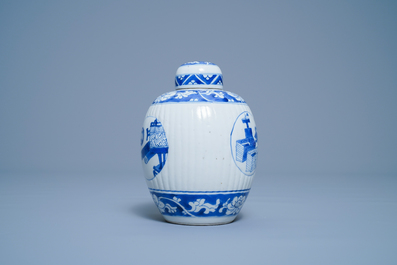 A Chinese ribbed blue and white jar and cover, Kangxi