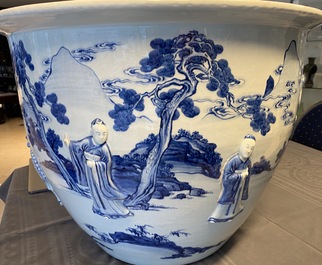 A rare large Chinese blue and white relief-moulded jardini&egrave;re, Kangxi