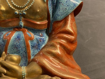 Drie polychrome en vergulde figuren van Bodhisattva, Qianlong/Jiaqing