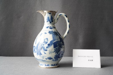 A Chinese blue and white silver-mounted ewer, Transitional period