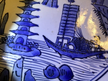 A large Chinese blue and white dish with a landscape with pagoda, Jiajing