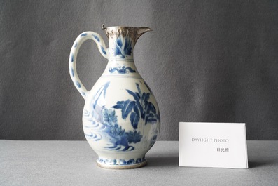 A Chinese blue and white silver-mounted ewer, Transitional period