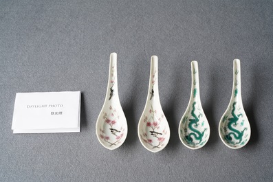 Two pairs of Chinese 'prunus and magpie' and 'dragon' spoons, one Daoguang mark and of the period