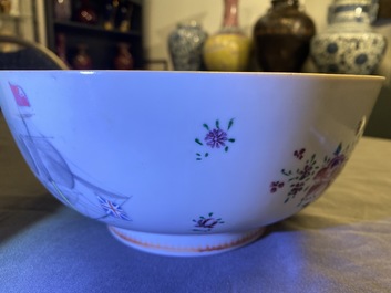 A Chinese famille rose bowl with British merchant navy ships, Qianlong