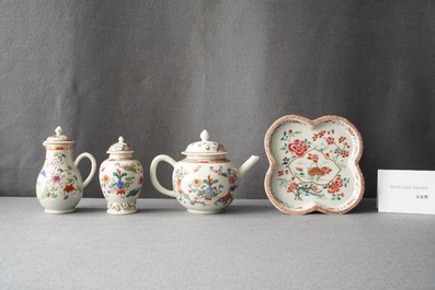 A Chinese famille rose teapot, tea caddy, milk jug and tray, Qianlong