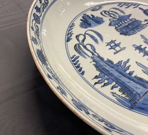 A large Chinese blue and white dish with a landscape with pagoda, Jiajing