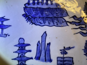 A large Chinese blue and white dish with a landscape with pagoda, Jiajing