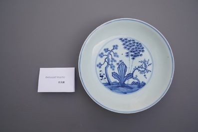 A Chinese blue and white 'Three friends of winter' dish, Xuande mark, Kangxi