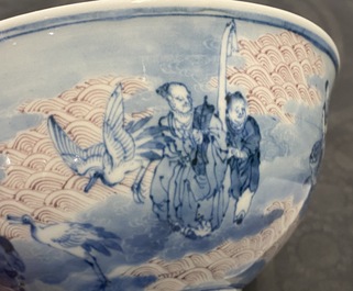 A Chinese blue, white and copper red stem bowl with immortals, Republic