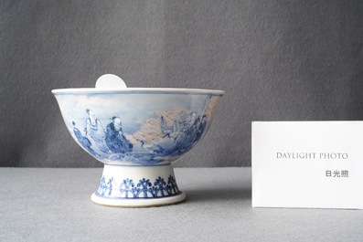 A Chinese blue, white and copper red stem bowl with immortals, Republic