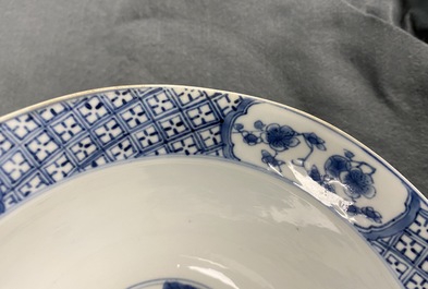 A Chinese blue and white 'Romance of the Western Chamber' klapmuts bowl, Chenghua mark, Kangxi