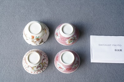 Quatre tasses et deux soucoupes en porcelaine de Chine famille rose, Yongzheng/Qianlong