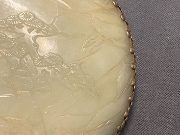 A large Chinese jade and silver hand mirror, Qing