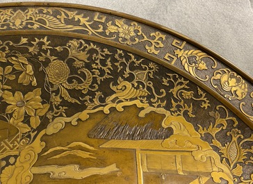 A large Japanese bronze dish, signed Miyao, Meiji, 19th C.