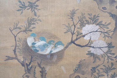 Shen Quan (1682-1762) encre et couleurs sur soie, 18&egrave;me: 'Deux sc&egrave;nes aux oiseaux'