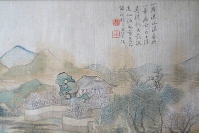 Chinese school, ink and colour on silk, 20th C.: 'Three landscape views'