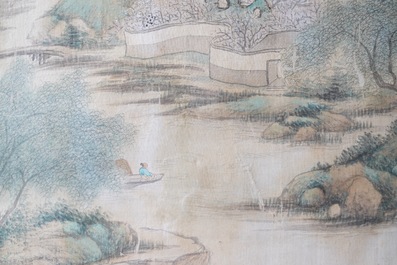 Chinese school, ink and colour on silk, 20th C.: 'Three landscape views'