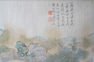 Chinese school, ink and colour on silk, 20th C.: 'Three landscape views'