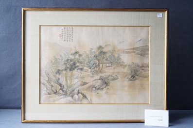 Chinese school, ink and colour on silk, 20th C.: 'Three landscape views'