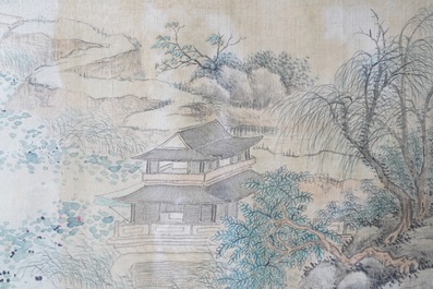 Chinese school, ink and colour on silk, 20th C.: 'Three landscape views'