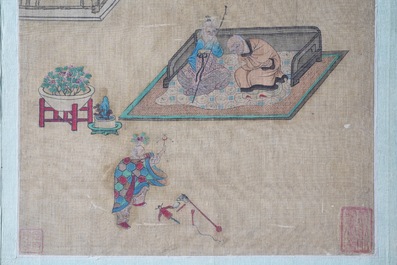 Chinese school, ink and colour on silk, 18/19th C.: 'A jester in front of an elderly couple in a daybed'