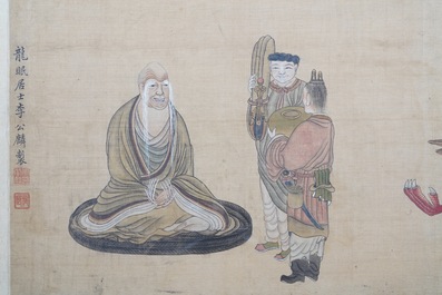 Chinese school, inkt en kleur op zijde, 19/20e eeuw: 'Onsterfelijken en hun dienaars'