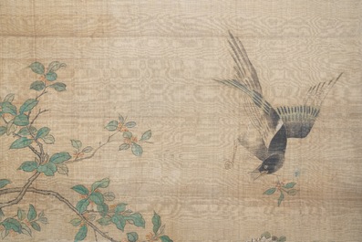 Ecole chinoise, encre et couleurs sur soie, 18/19&egrave;me: 'Des oiseaux et leurs proies'