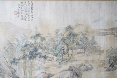 Chinese school, ink and colour on silk, 20th C.: 'Three landscape views'