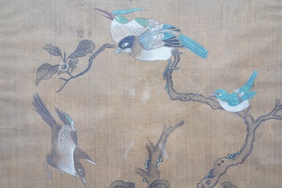 Shen Quan (1682-1762), ink and colour on silk, 18th C.: 'Two  scenes with birds'