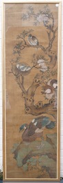 Shen Quan (1682-1762) encre et couleurs sur soie, 18&egrave;me: 'Deux sc&egrave;nes aux oiseaux'