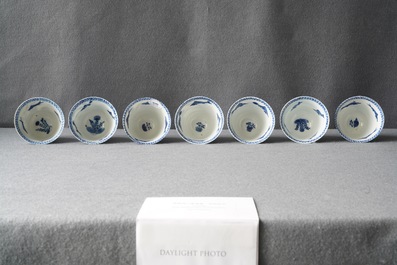 Seven Chinese blue and white cups and saucers, Kangxi