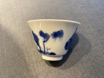 Five Chinese blue and white cups and saucers, Chenghua mark, Kangxi