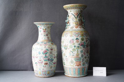 A pair of Chinese Canton famille rose vases and two single vases, 19th C.