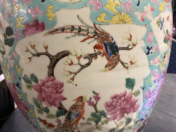 A Chinese famille rose covered vase and a vase with birds and peaches, 19/20th C.