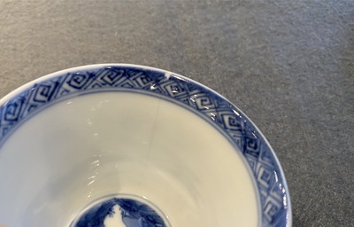 Five Chinese blue and white cups and saucers, Chenghua mark, Kangxi