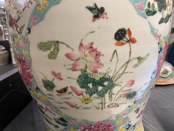 A Chinese famille rose covered vase and a vase with birds and peaches, 19/20th C.