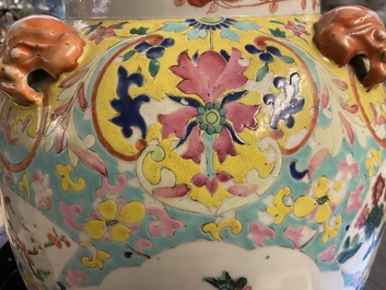 A Chinese famille rose covered vase and a vase with birds and peaches, 19/20th C.