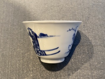Five Chinese blue and white cups and saucers, Chenghua mark, Kangxi