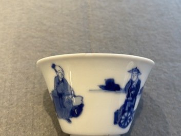 Five Chinese blue and white cups and saucers, Chenghua mark, Kangxi