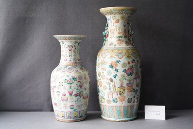 A pair of Chinese Canton famille rose vases and two single vases, 19th C.