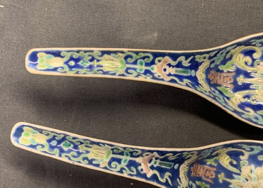 Five Chinese blue-ground spoons, incl. a pair Tongzhi mark and of the period