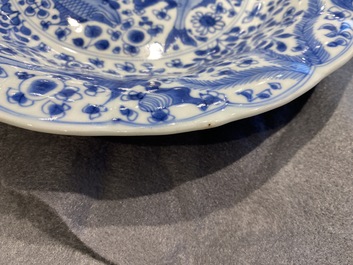 A Chinese blue and white lobed dish with fish, Kangxi