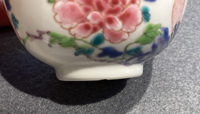 A Chinese famille rose 'rooster' cup and saucer, Yongzheng