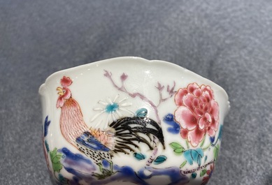 A Chinese famille rose 'rooster' cup and saucer, Yongzheng