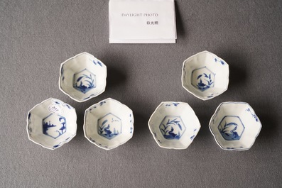 Six Chinese blue and white hexagonal cups and saucers, Kangxi