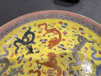 A Chinese famille rose yellow-ground 'dragon' dish, Qianlong mark, Republic