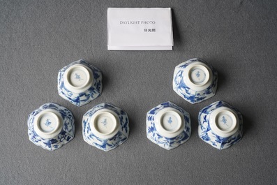 Six Chinese blue and white hexagonal cups and saucers, Kangxi