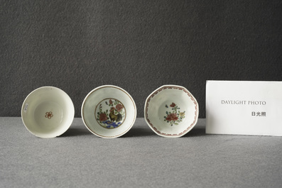 Three Chinese famille rose cups and saucers, Yongzheng/Qianlong