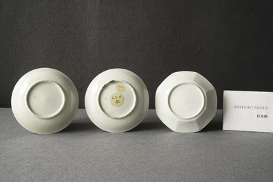 Three Chinese famille rose cups and saucers, Yongzheng/Qianlong