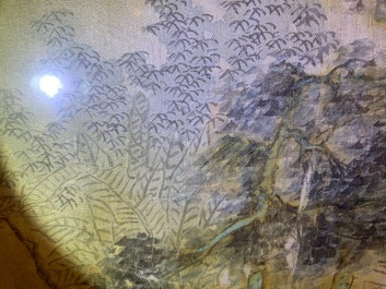 Chinese school, ink and colour on silk, 20th C.: 'Three landscape views'